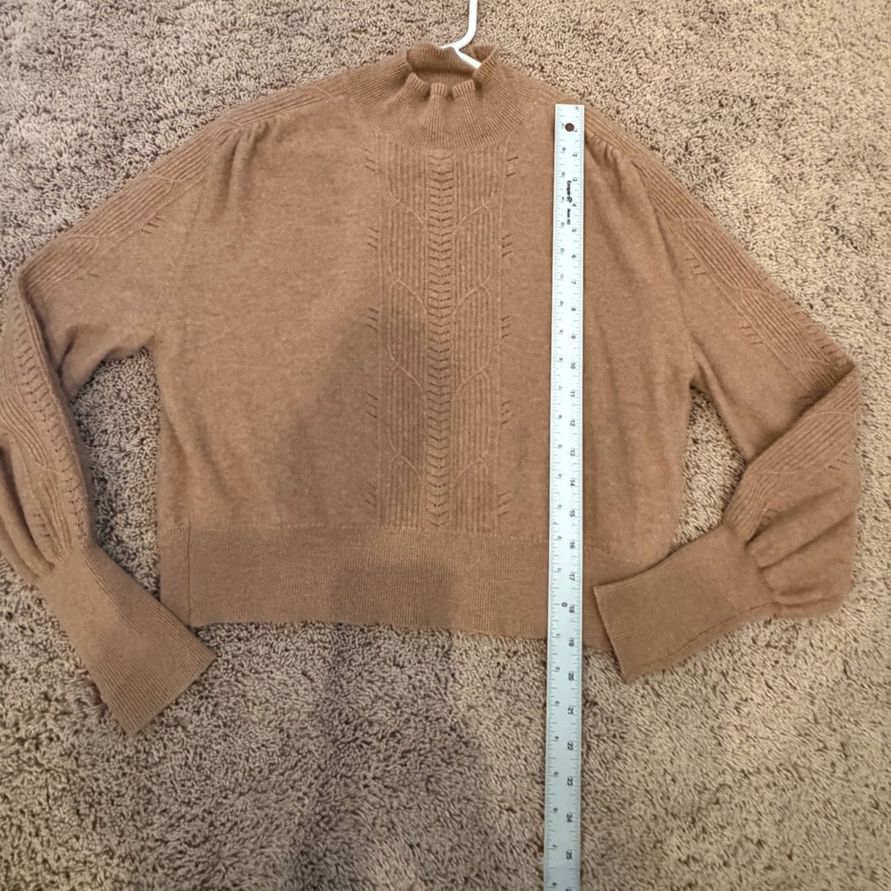 Small Anthropologie cashmere ruffle sweater mock neck cable knit honey tan - Picture 14 of 16
